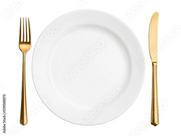 Obraz Elegant dining setup featuring a white plate and gold cutlery on a transparent background, cut out