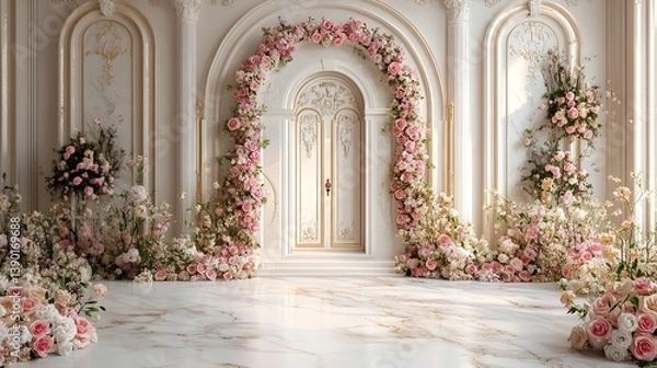 Fototapeta Wedding background with fresh flowers on the wall generative AI