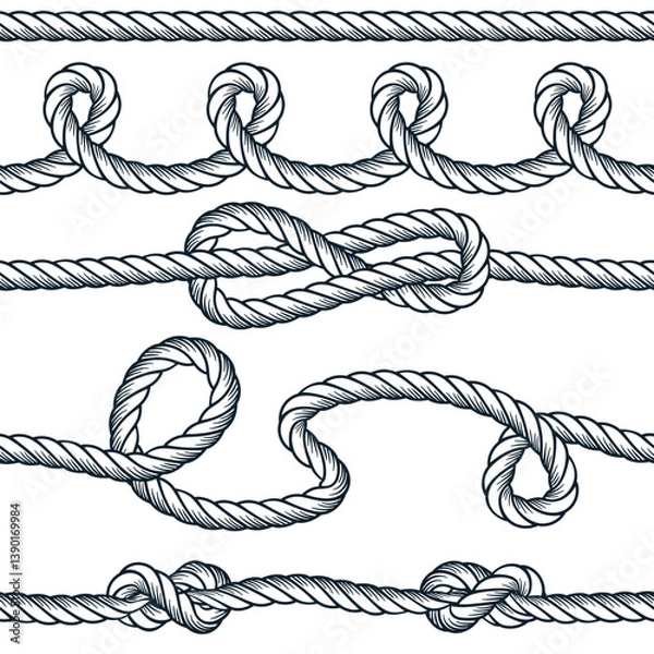Fototapeta Nautical seamless rope set. Vector hand drawn sketch illustration. Design elements for banner, poster, print, card