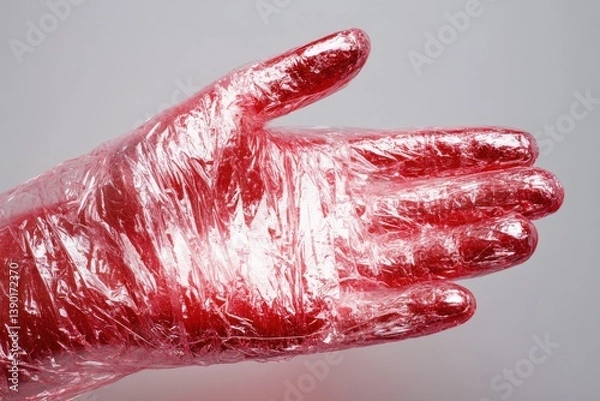 Obraz A gloved hand wrapped in shiny, translucent plastic, appearing vivid red underneath, emphasizing themes of protection and containment.