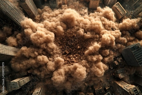 Obraz A dramatic aerial view showing a large dust cloud engulfing a cityscape, creating a chaotic and apocalyptic atmosphere.