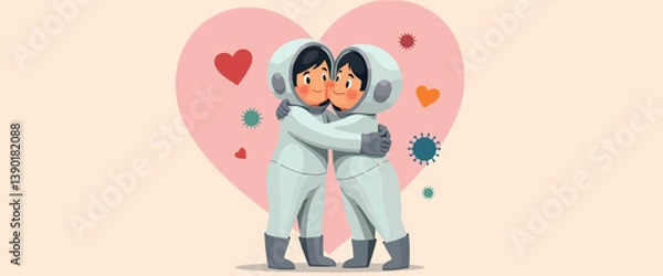 Fototapeta two astronauts in protective suits embrace symbolizing hope and unity during a