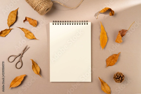 Fototapeta Empty notebook with autumn leaves on beige background. Flat lay, top view.