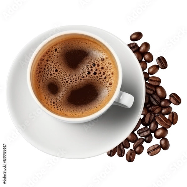 Obraz Aromatic Coffee: A top-down perspective showcases a pristine cup of coffee on a matching saucer, accompanied by a scattering of rich, roasted coffee beans.