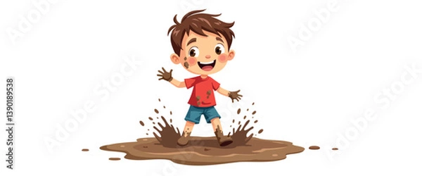 Fototapeta happy boy joyfully splashing in a mud puddle