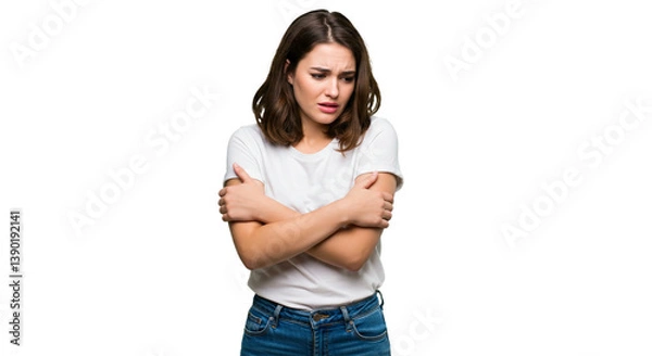 Fototapeta Young woman in t-shirt, hugging herself, looking anxious.  Could be cold, scared, lonely or insecure. Simple studio shot. White background