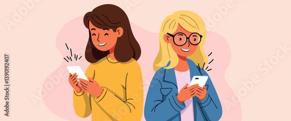 Fototapeta two smiling women using smartphones conveying a cheerful and connected mood