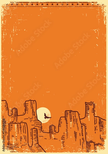 Fototapeta American vintage Poster with desert Canyon on old paper background for text or design.