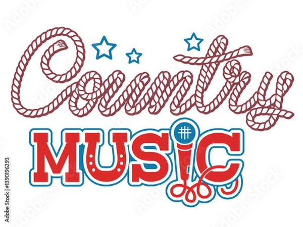 Obraz Country music Lettering vector illustration isolated on white. Vector printable Country Folk Music text with microphone decor.