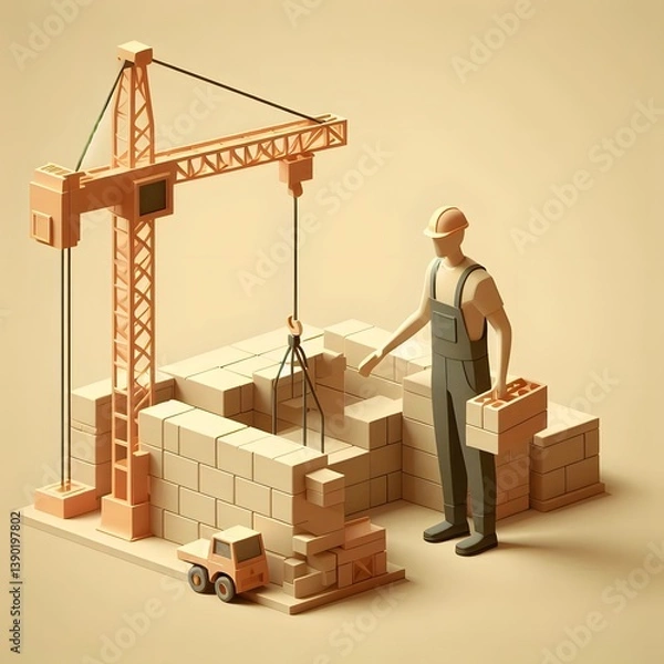 Fototapeta Bricklayer placing bricks neatly 3d illustration