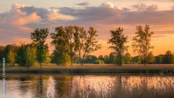 Fototapeta Serene Lake at Sunrise with Trees and Colorful Sky Reflections