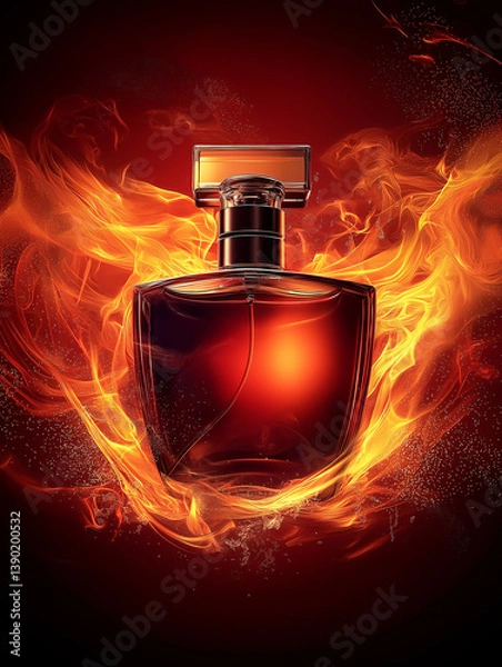 Obraz Luxury perfume glass bottle with red liquid stands on red background and fire background