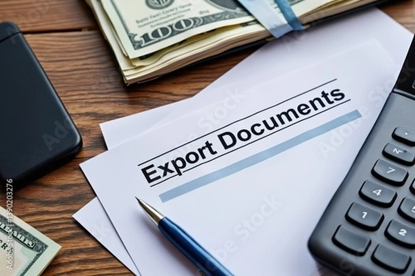 Fototapeta Trade and globalization boost economic growth concept. Desk scene featuring export documents, money, a calculator, and a pen.