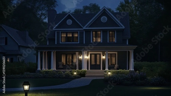 Fototapeta Exterior home view with solar-powered smart security lights