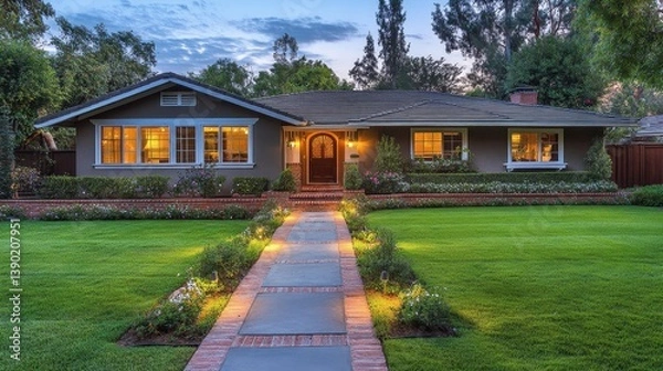 Fototapeta Front yard with security lighting and motion sensors built into landscaping