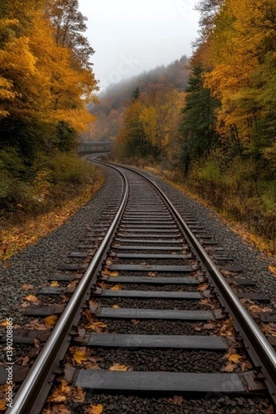 Fototapeta Winding railway track surrounded by vibrant autumn foliage creat