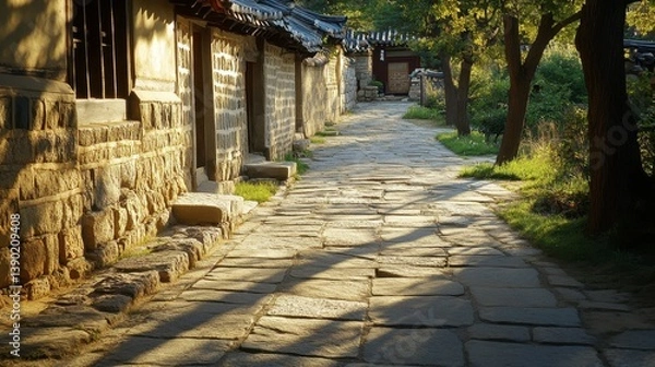 Fototapeta Morning light casting shadows across a stone path in Bukchon Hanok Village.