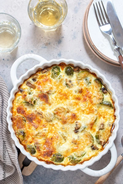 Obraz Casserole with Brussels sprouts, top view