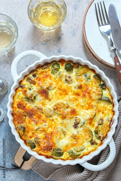 Obraz Casserole with Brussels sprouts, top view