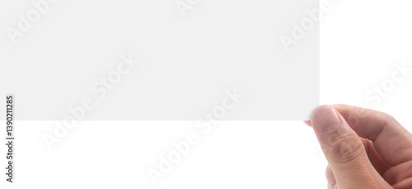 Fototapeta Hand holding blank card studio setting product photography minimalist environment close-up viewpoint marketing concept
