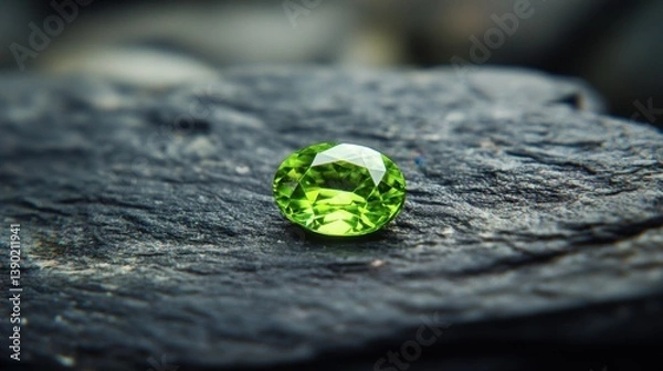 Fototapeta Oval-shaped zircon gem in vibrant green, displayed against smooth black stone.