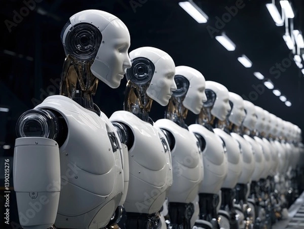 Fototapeta Humanoid robot assembly line in a modern factory