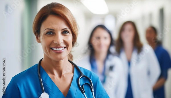 Fototapeta Confident smiling female doctor with stethoscope – healthcare professional portrait. AI Generative.