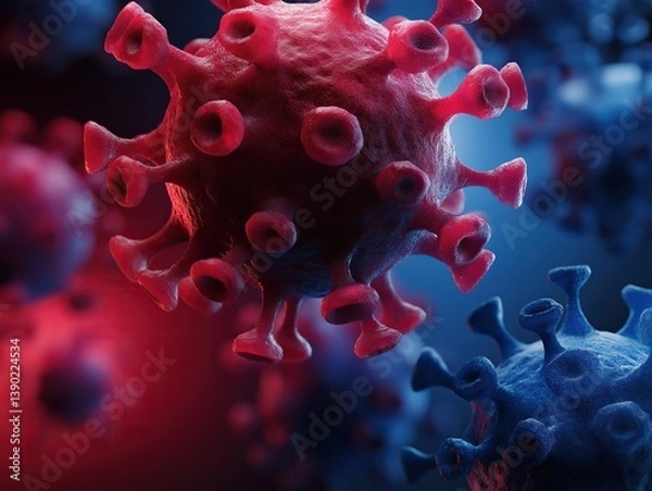 Fototapeta Virus-themed red and blue background with copy space, 3D render in high definition