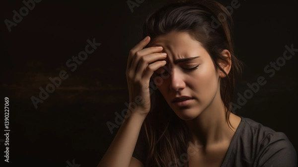 Fototapeta Woman suffering from headache, migraine, pain and health problem concept. AI Generative.