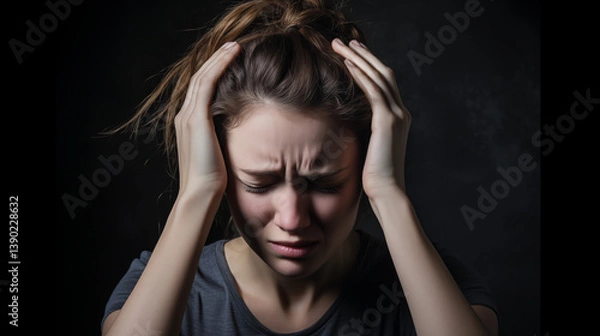 Fototapeta Woman suffering from headache, migraine, pain and health problem concept. AI Generative.