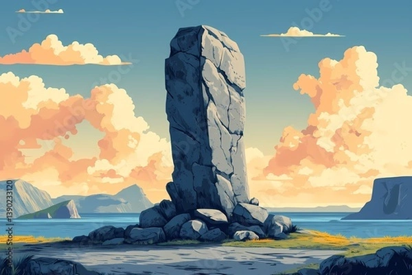 Obraz Epic Stone Monolith in Vibrant Sea Landscape with Colorful Sky and Ancient Mystical Geology
