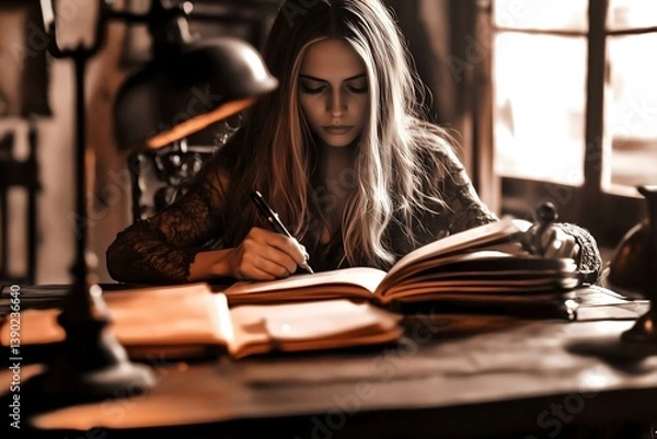Fototapeta An image of a woman writing in a book at a table by lamplight in a vintage setting. Perfect for writing blogs, book promotions, and projects related to creativity and inspiration.