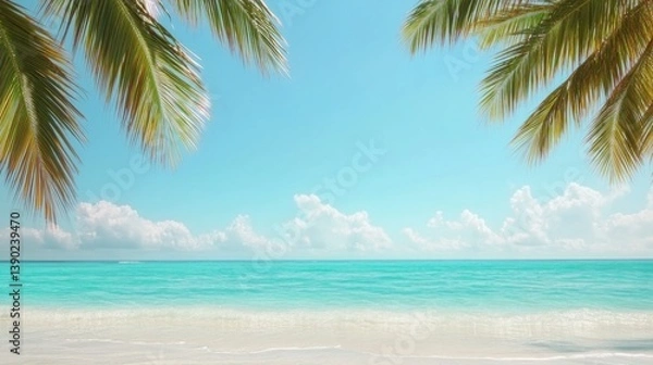 Fototapeta Tranquil beach scene featuring vibrant palm leaves and clear tur
