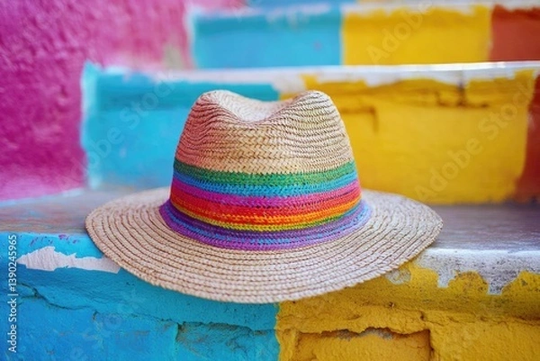 Obraz Straw Hat on Wooden Bench