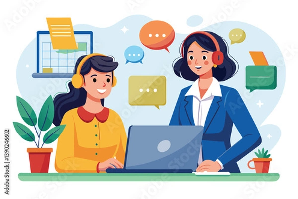 Fototapeta An illustration of two women working together on a laptop in an office setting. They both have headsets on and are smiling, suggesting a collaborative and positive work environment.