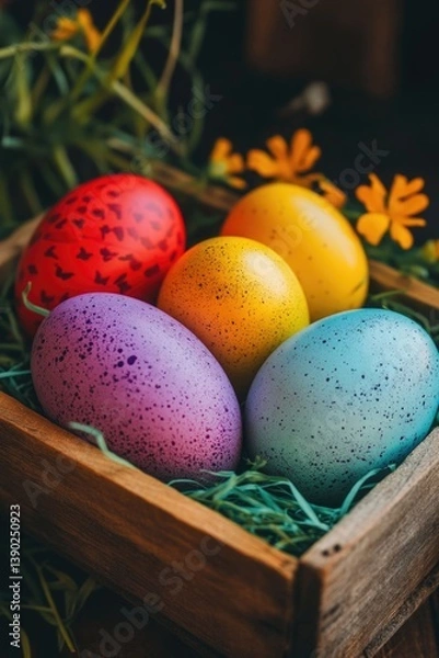 Obraz Wooden Easter Box Filled with Eggs