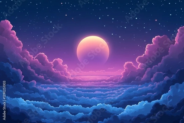 Obraz Vibrant Night Sky with Moon and Stars in Whimsical Digital Art Illustration - Serene Pastel Colors and Cosmic Landscape