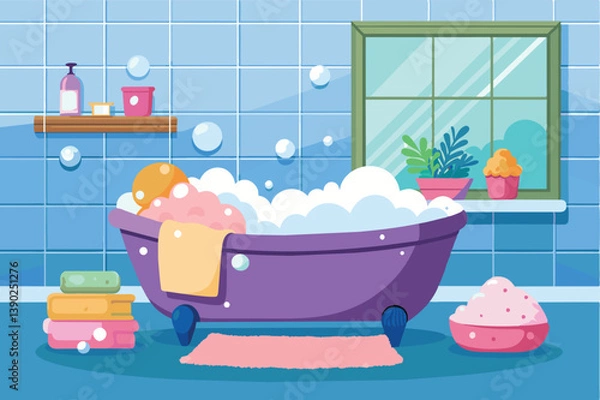 Obraz A cartoon illustration of a relaxing bubble bath in a colorful bathroom. The bathtub is full of foamy bubbles and surrounded by towels and bath accessories.