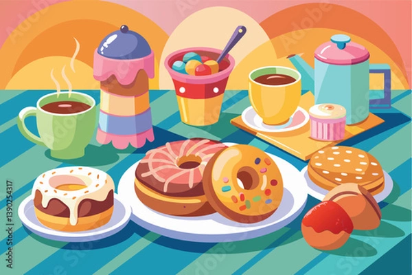 Fototapeta A table with a variety of breakfast treats, including donuts, coffee, tea, and a bowl of colorful balls.