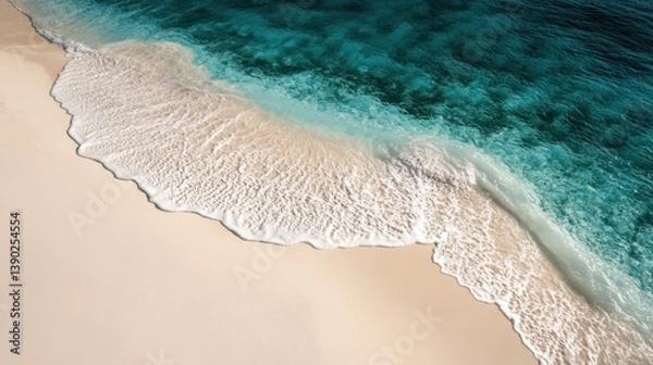 Fototapeta Aerial view of a beach featuring white sand and clear blue water.