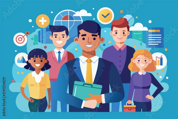 Fototapeta A cartoon illustration depicting a diverse team of professionals standing together and smiling. They are all wearing business attire and the leader is holding a clipboard.
