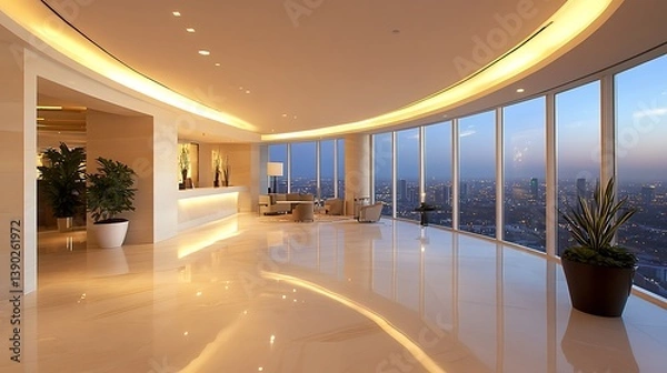Obraz Luxury high-rise lobby with panoramic city views, modern architecture, minimalist decor, glossy floors, and ambient lighting at sunset

