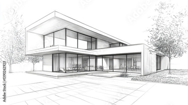 Obraz Modern architectural sketch of sleek, contemporary house design