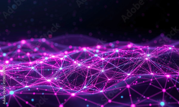 Fototapeta vibrant digital landscape showcasing interconnected nodes and lines, representing data flow and quantum computing concepts. glowing pink and blue colors create futuristic atmosphere