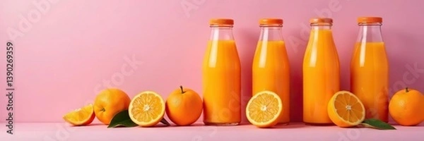 Fototapeta Orange juice bottles and fresh oranges arranged neatly on a vibrant lilac background,  fruit,  citrus
