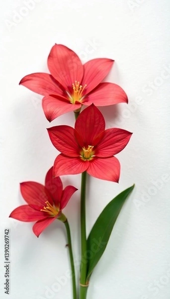 Fototapeta Red flowers in bloom arranged against a clean white backdrop,  decoration,  white background