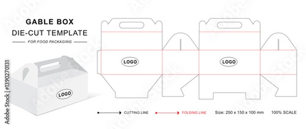 Fototapeta Gable box die cut template with 3D blank vector mockup for food packaging
