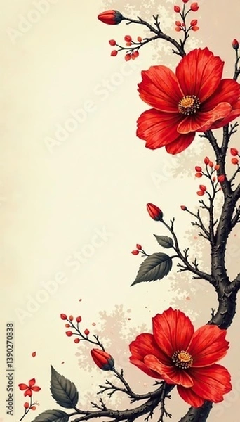 Fototapeta Oriental Chinese and Japanese style abstract pattern background with red flower, watercolor texture design,  abstract,  Oriental