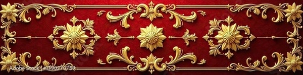 Fototapeta Ornate gold and red baroque pattern with intricate floral and scroll designs,  pattern,  vintage