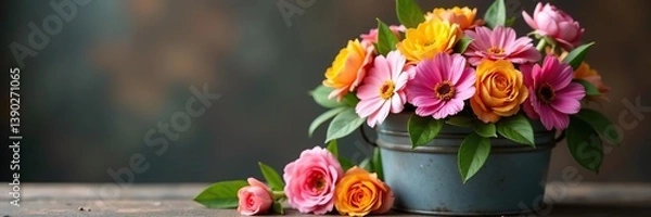 Fototapeta Overflowing bucket filled with vibrant and fragrant freshly cut flowers,  vibrant, bucket